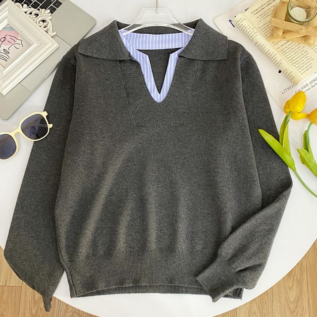 Iasia-Collared V-Neck Striped Mock Two Piece Sweater