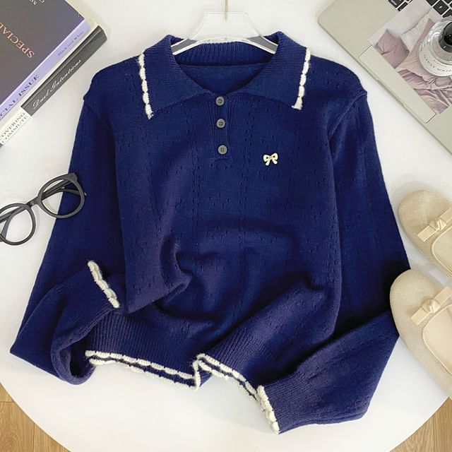 Iasia-Contrast Trim Pointelle Polo Sweater