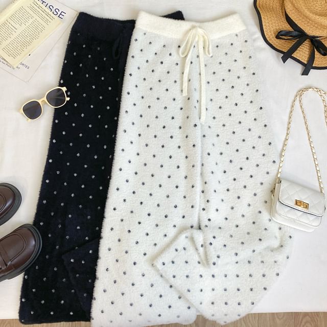 Iasia-Drawstring Waist Dotted Knit Wide Leg Pants
