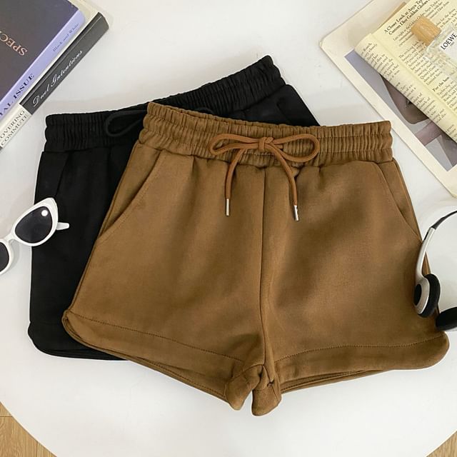 Iasia-Drawstring Waist Plain Hot Pants