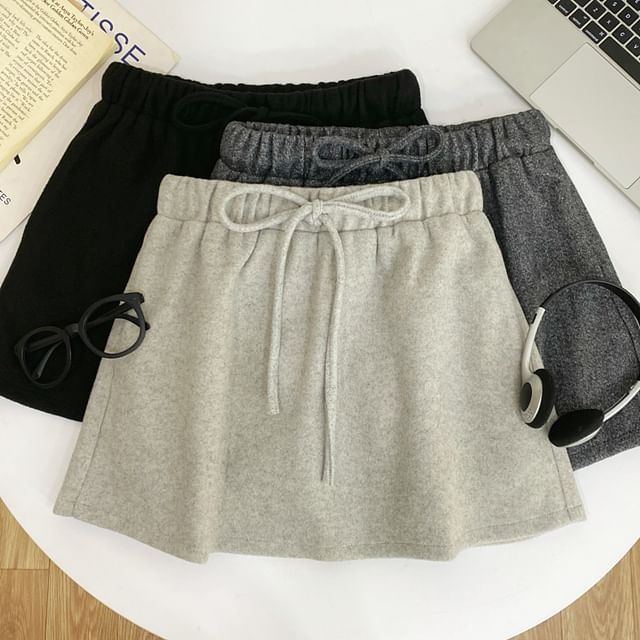 Iasia-Drawstring Waist Plain Mini A-Line Skirt