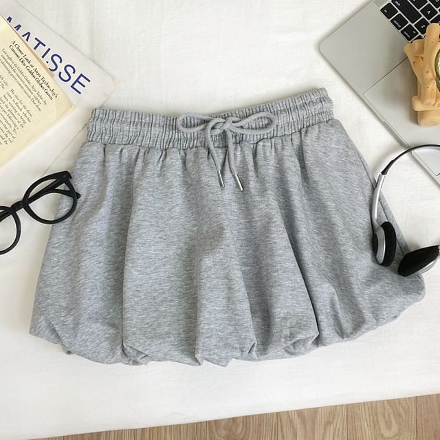 Iasia-Drawstring Waist Plain Paperbag Mini Skirt