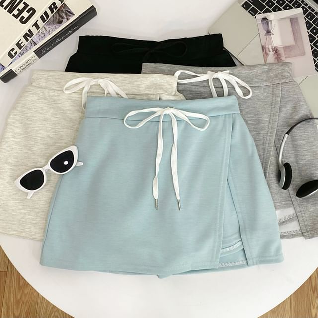 Iasia-Drawstring Waist Plain Slit Mini Skort