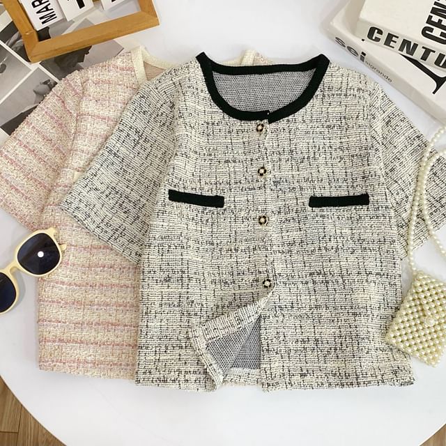 Iasia-Elbow-Sleeve Crew Neck Button-Up Tweed Blouse