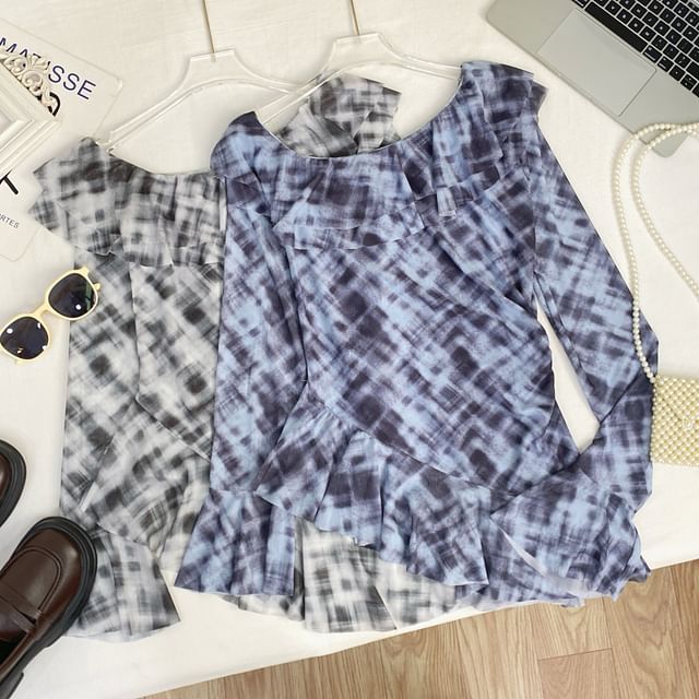 Iasia-Flared-Cuff Tie-Dyed Ruffled Mesh Top