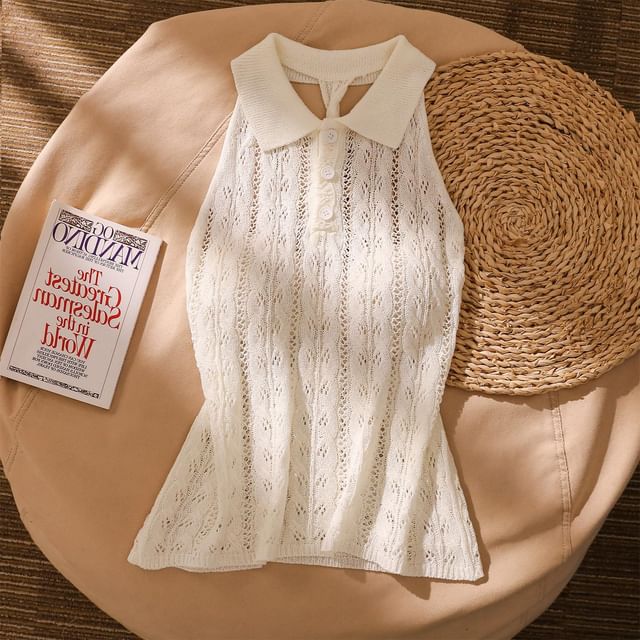 Iasia-Halter Collared Plain Button Cable Knit Top