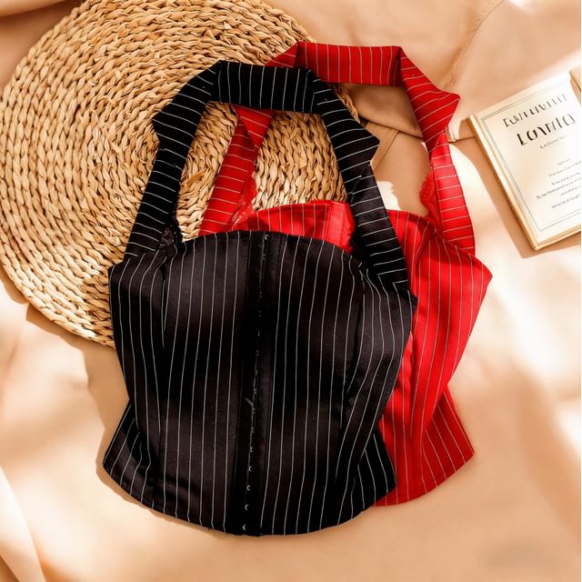 Iasia-Halter Neck Collared Pinstriped Hook And Eye Open Back Crop Top