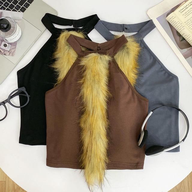Iasia-Halter-Neck Fluffy Trim Top