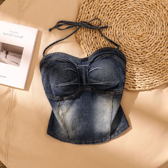 Iasia-Halter Neck Padded Open Back Denim Crop Top