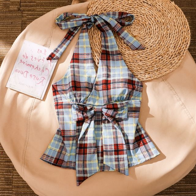 Iasia-Halter-Neck Plaid Bow Top