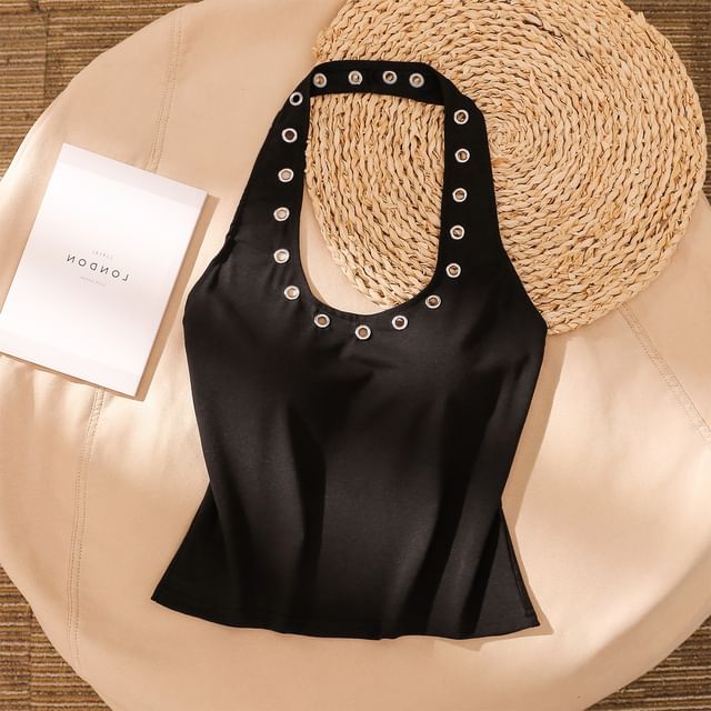 Iasia-Halter-Neck Plain Grommet Top
