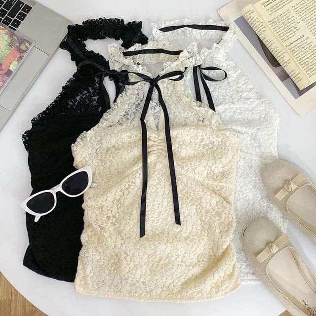 Iasia-Halter Neck Plain Lace Cami Top