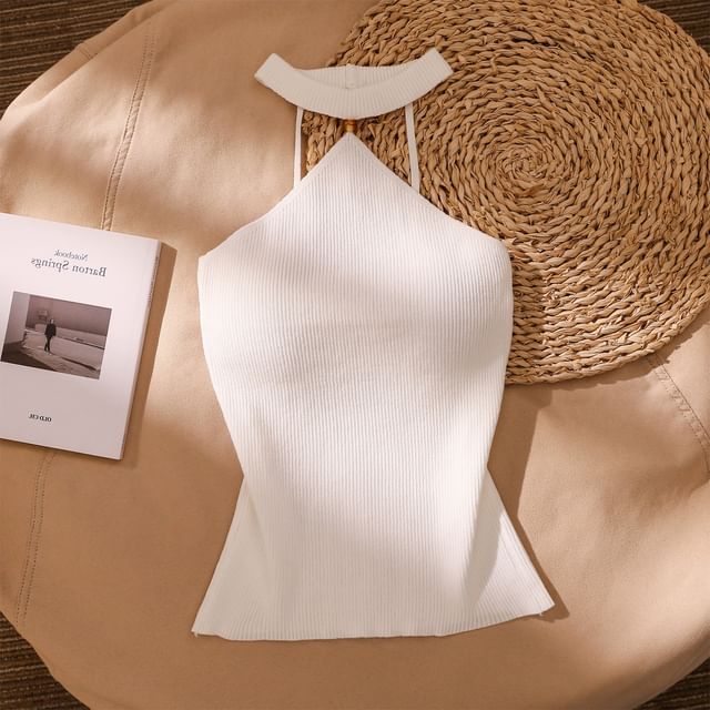 Iasia-Halter-Neck Plain Ribbed Top
