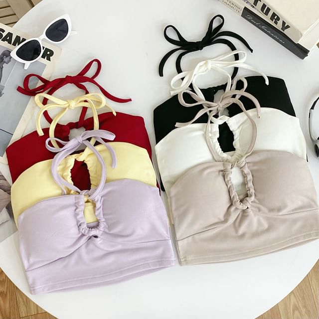 Iasia-Halter Plain Cutout Padded Crop Cami Top