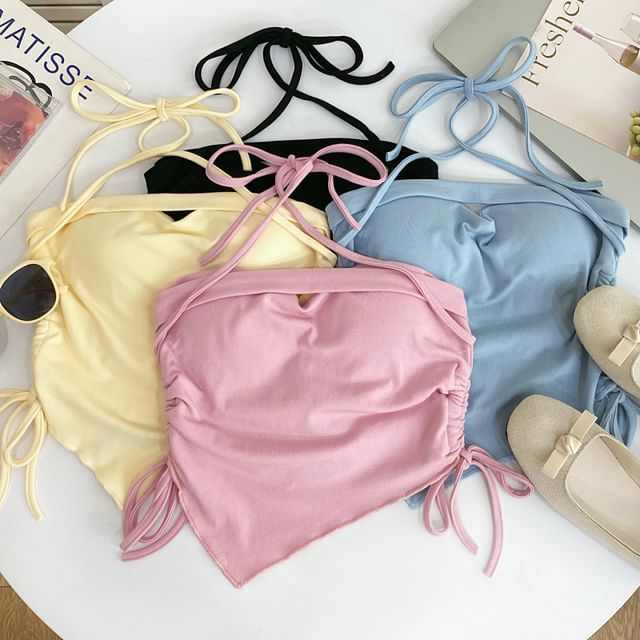 Iasia-Halter Plain Drawstring Asymmetrical Padded Crop Top