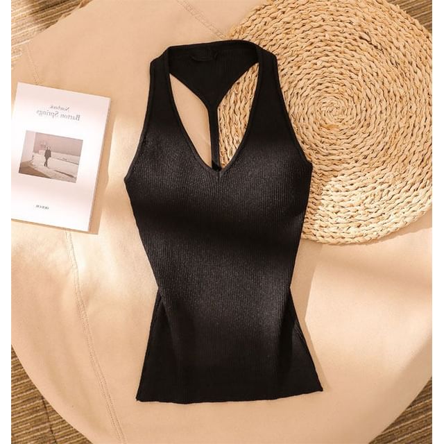 Iasia-Halter V-Neck Plain Open Back Knit Top