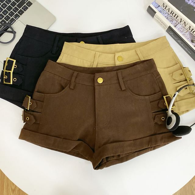 Iasia-High Waist Plain Buckled Shorts