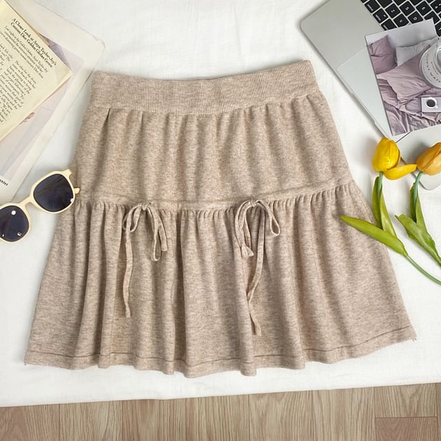 Iasia-High Waist Plain Drawstring Mini A-Line Knit Skirt