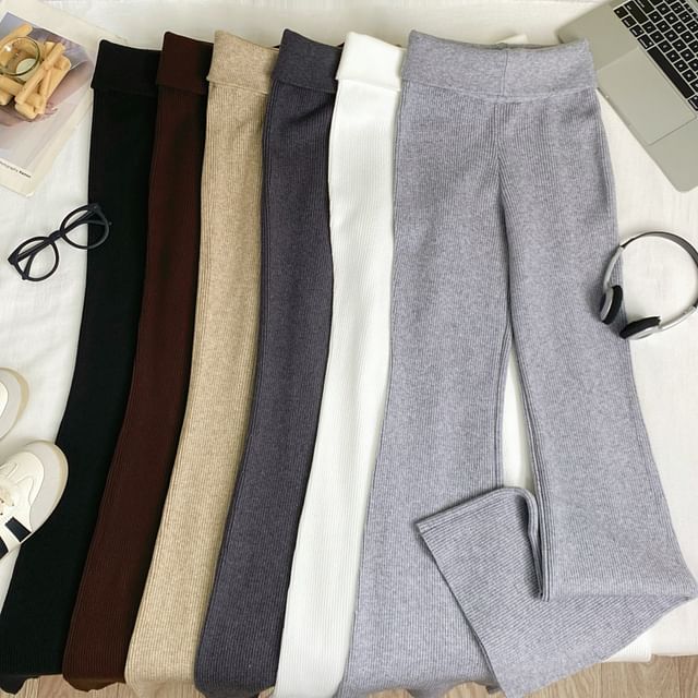 Iasia-High Waist Plain Knit Flared Pants