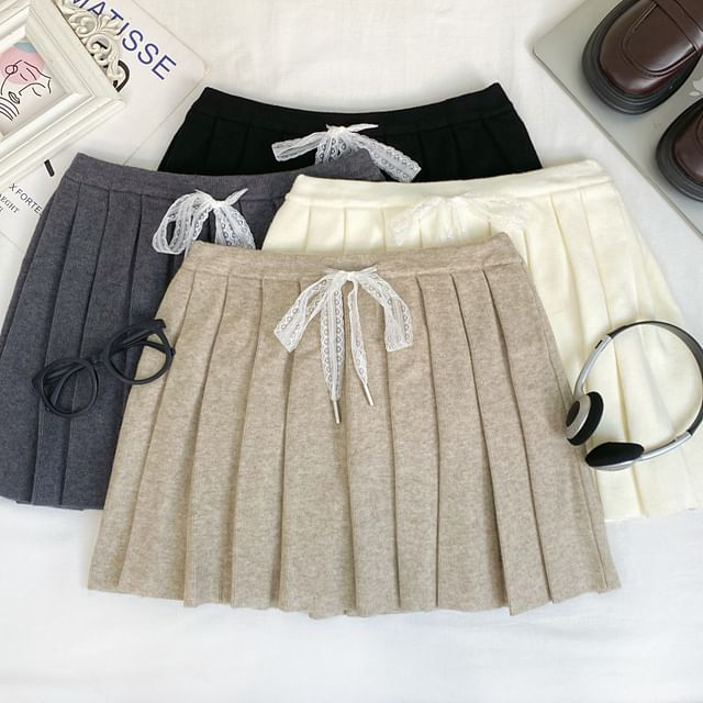 Iasia-High Waist Plain Mini Pleated Skirt