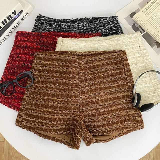 Iasia-High Waist Tweed Sequined Shorts