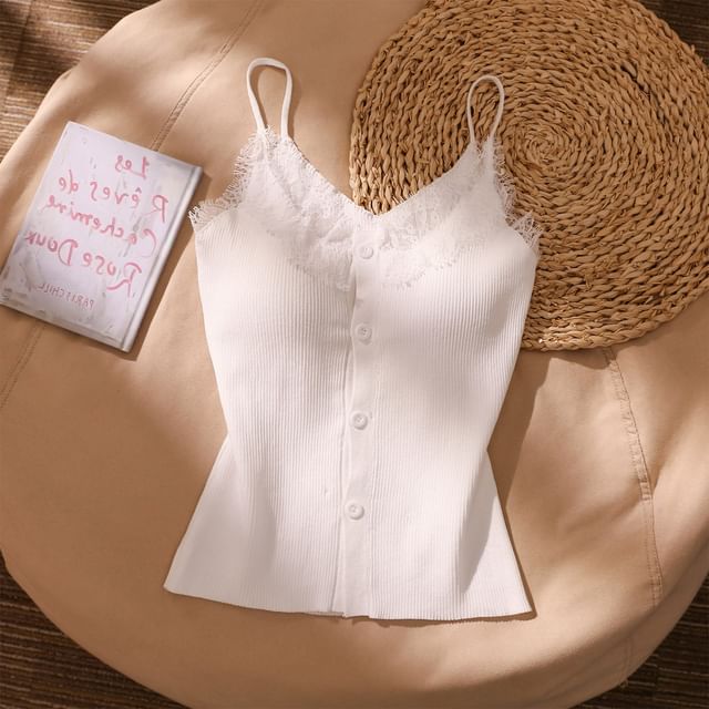 Iasia-Lace Trim Button-Up Camisole Top