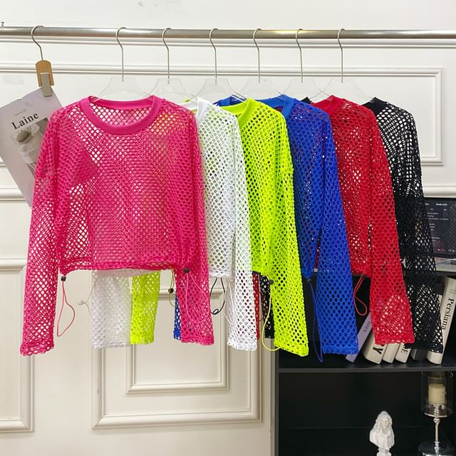 Iasia-Long Sleeve Crew Neck Plain Drawstring Mesh Top