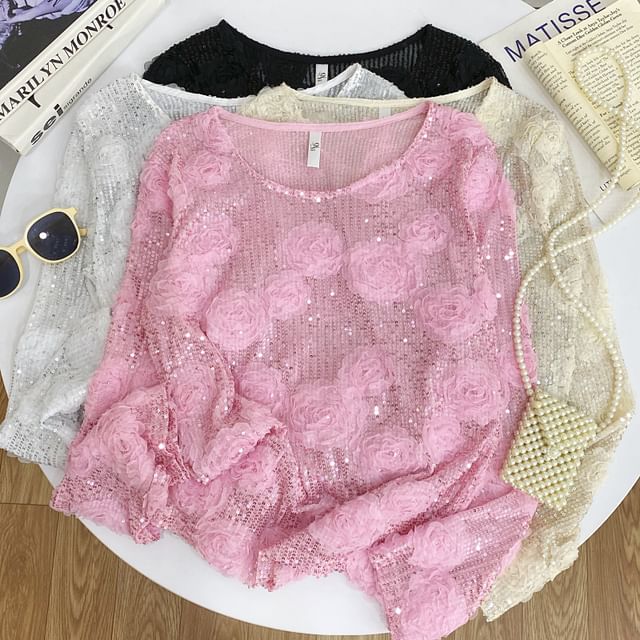 Iasia-Long-Sleeve Crew Neck Sequined Blouse