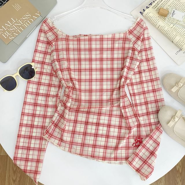 Iasia-Long-Sleeve Off Shoulder Plaid Top