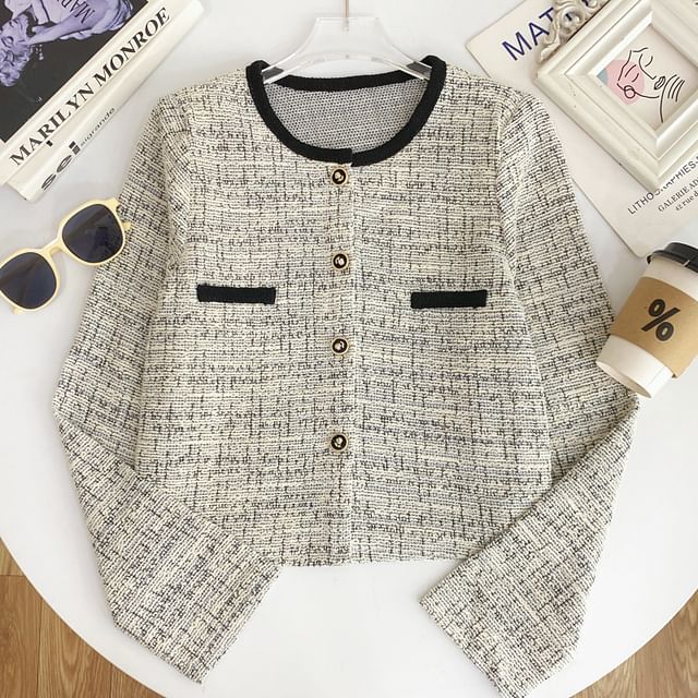 Iasia-Long Sleeve Round Neck Tweed Cropped Jacket