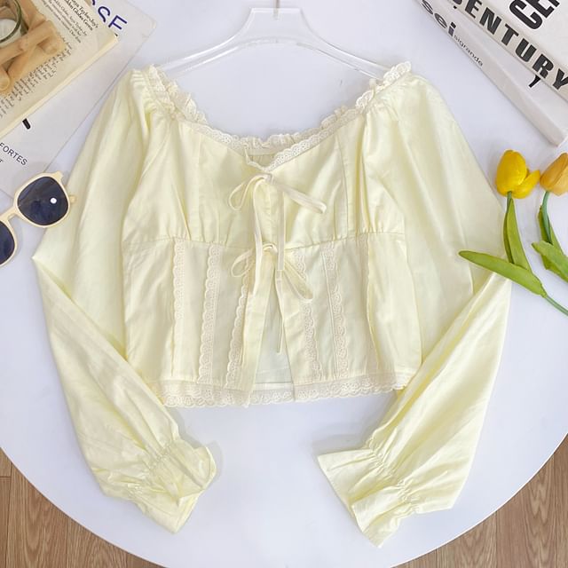 Iasia-Long-Sleeve Square Neck Plain Ruffle Trim Button Up Blouse