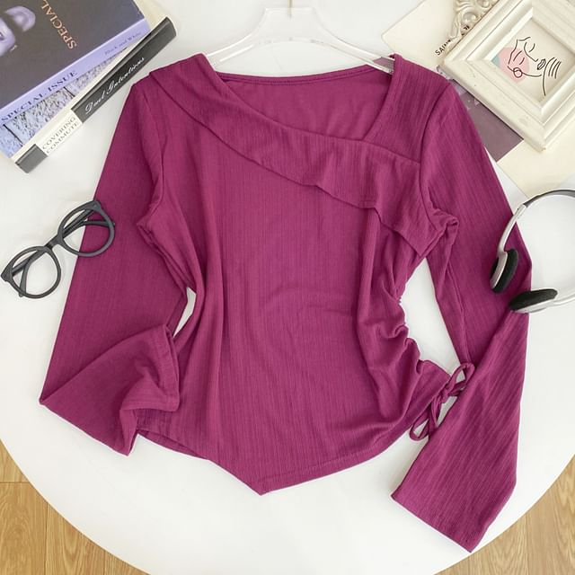 Iasia-Long-Sleeve V-Neck Plain Drawstring Crop Tee