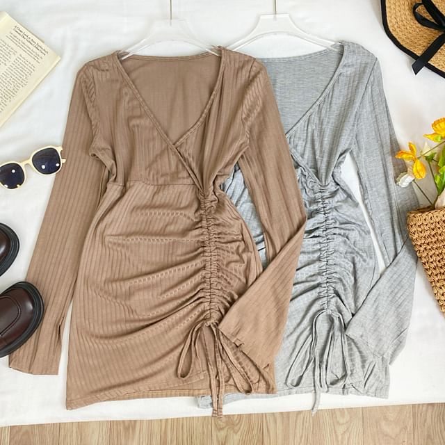 Iasia-Long Sleeve V-Neck Plain Drawstring Ribbed Mini Sheath Wrap Dress