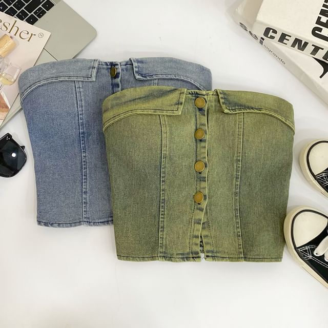 Iasia-Padded Denim Button Crop Tube Top