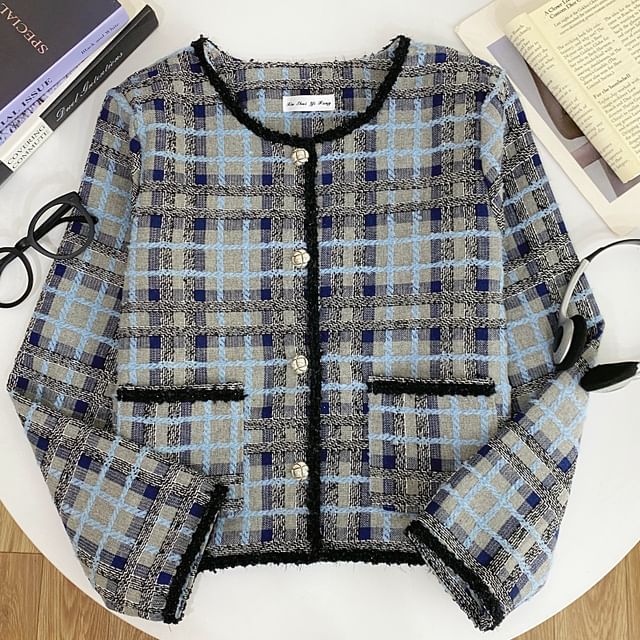 Iasia-Plaid Tweed Trim Button-Up Jacket