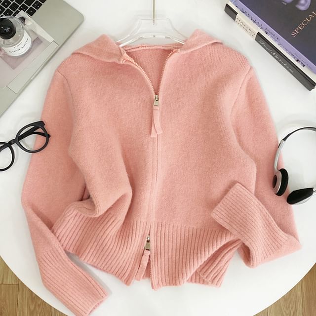 Iasia-Plain Hooded Zip Cardigan