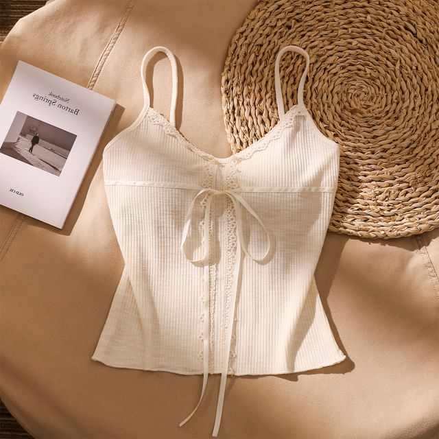 Iasia-Plain Lace Trim Bow Camisole Top