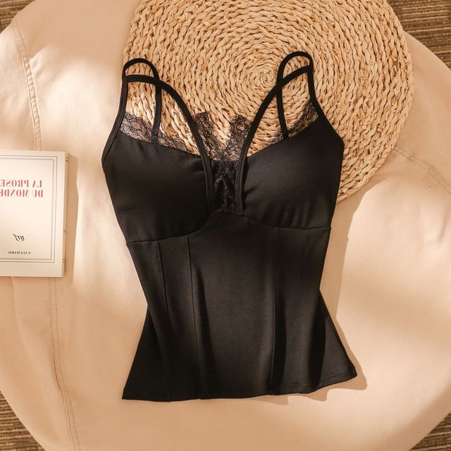 Iasia-Plain Padded Panel Lace Camisole Top