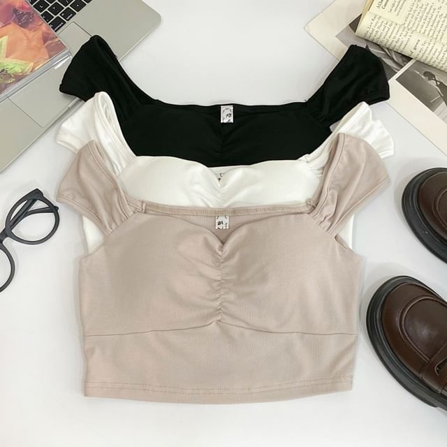 Iasia-Plain Ruched Padded Crop Tank Top