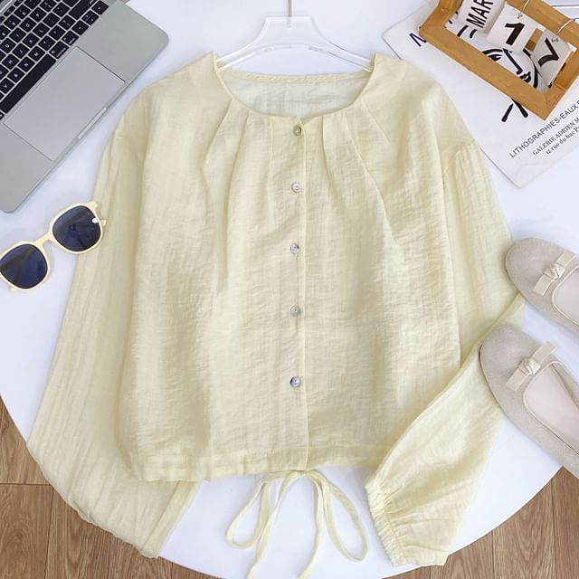 Iasia-Puff-Sleeve Plain Drawstring Button-Up Blouse