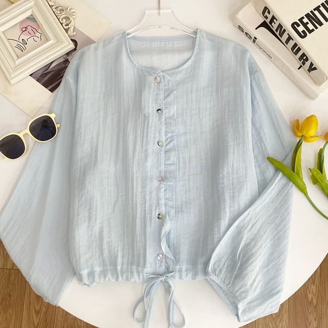 Iasia-Puff-Sleeve Plain Ruffled Drawstring Button-Up Blouse