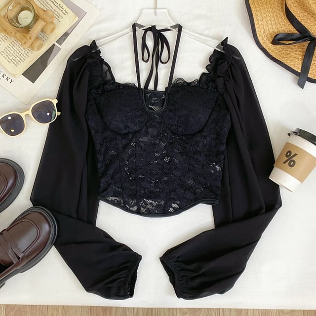 Iasia-Puff-Sleeve Square-Neck Lace Blouse