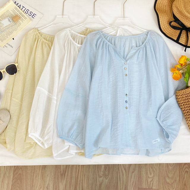 Iasia-Puff-Sleeve V-Neck Plain Button-Up Blouse