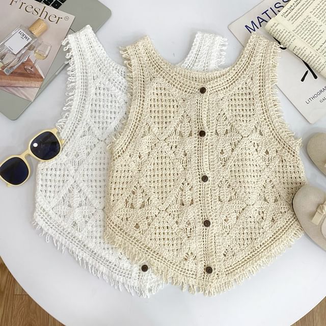 Iasia-Round Neck Plain Crochet Fringed Button Vest