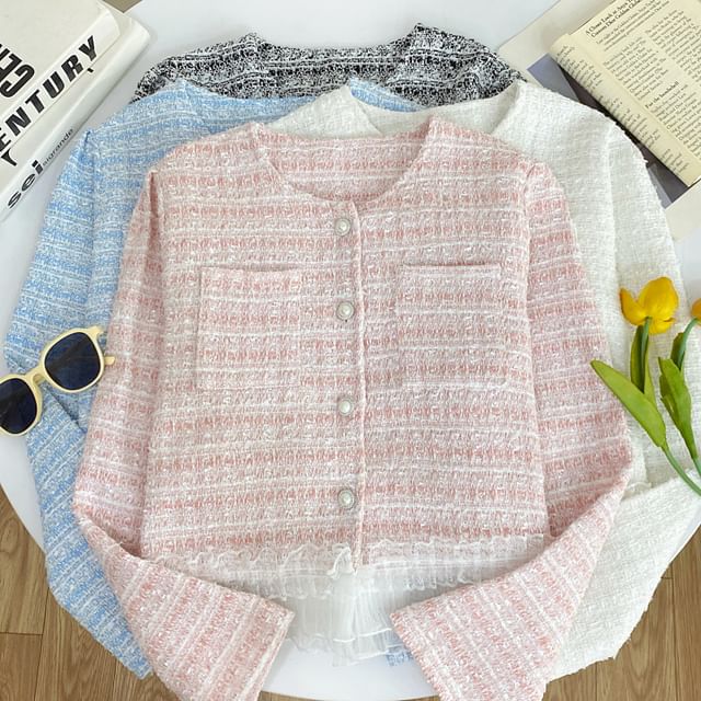 Iasia-Round Neck Ruffle Trim Tweed Button Up Jacket