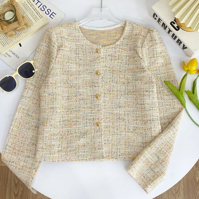 Iasia-Round Neck Tweed Button Up Jacket