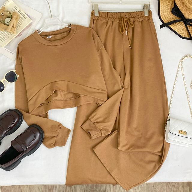Iasia-Set Crew Neck Plain Crop Pullover Drawstring Waist Wide Leg Sweatpants