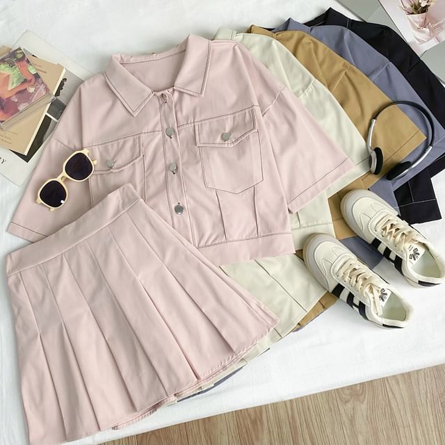 Iasia-Set Elbow-Sleeve Collared Contrast Stitched Button-Up Crop Blouse High Waist Pleated Mini A-Line Skirt