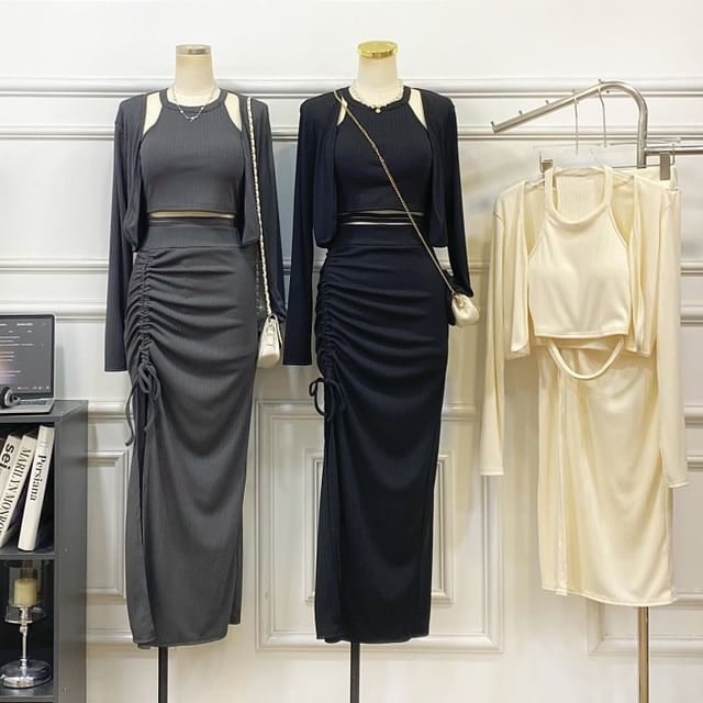 Iasia-Set Halter-Neck Plain Tie-Back Crop Top High Rise Drawstring Midi Pencil Skirt Jacket