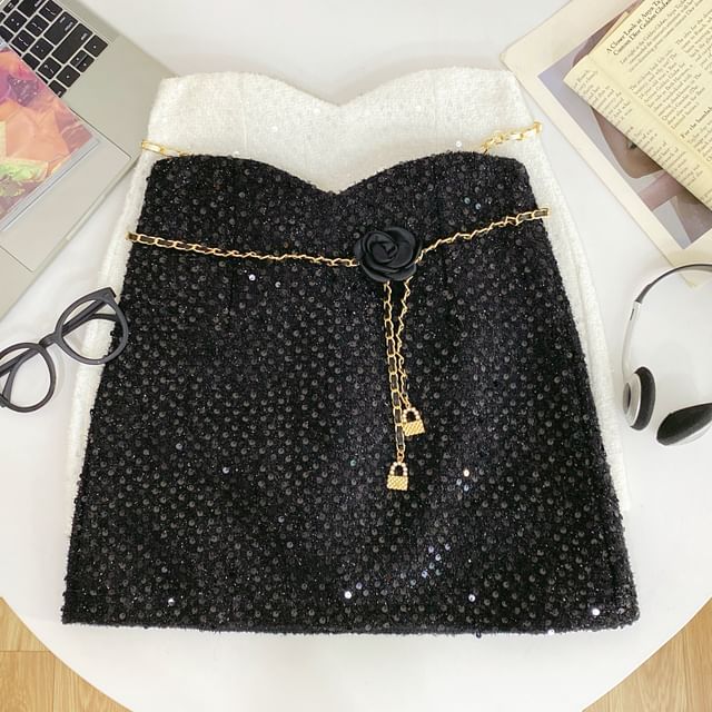 Iasia-Set High Rise Plain Sequin Mini A-Line Skirt Chain Belt